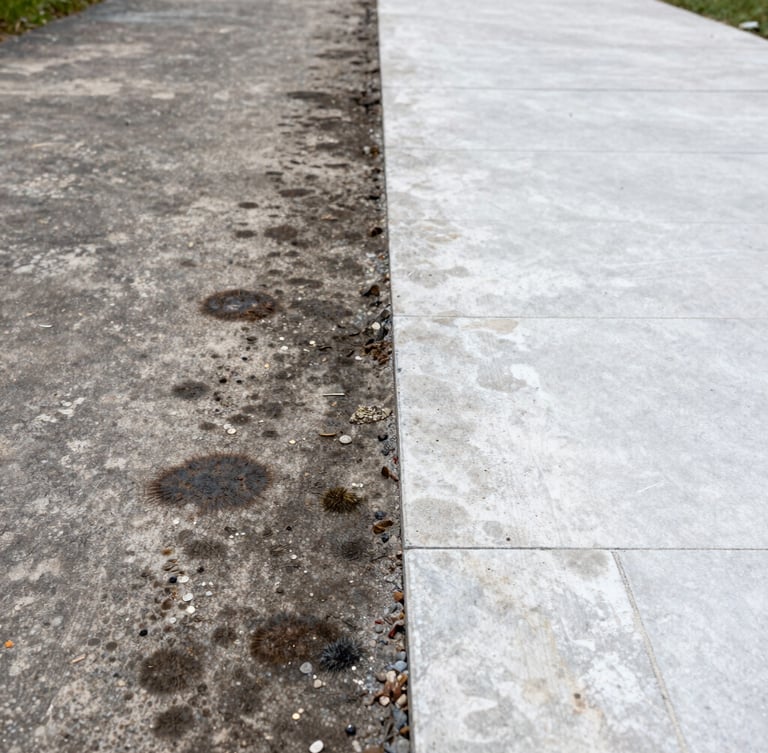 Extreme close-up split-screen before and after of a concrete driveway being restored from dark mold to bright clean stone