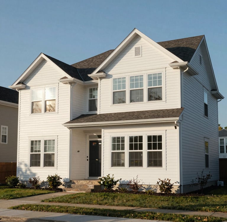 Wide architectural shot of a clean Indianapolis suburban home, bright morning sun reflecting off pristine siding and sparkling windows.