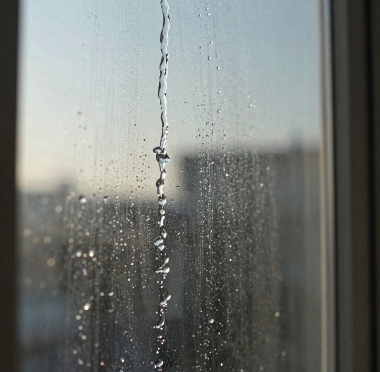 Extreme close-up of water sheeting off perfectly clean glass, morning light reflecting on a spotless window pane.
