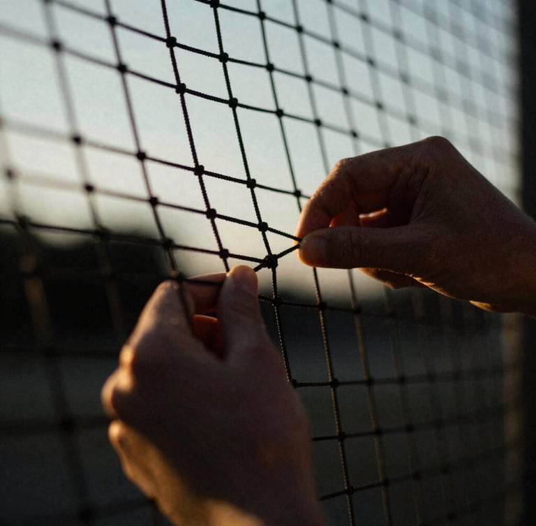 Dynamic ultra-close-up macro shot of hands adjusting the tensioned net, high-contrast dark tones, sharp golden hour sunlight, 35mm film grain.