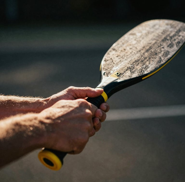Ultra close-up macro shot of hands gripping a sleek black paddle with yellow accents, harsh midday sun creating sharp contrast, 35mm film grain