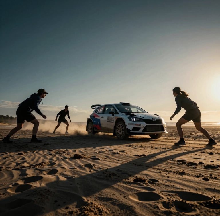 Dynamic low-angle wide shot of athletic adults playing Rally on a wind-swept beach at golden hour, sharp shadows, high-contrast dark tones, cinematic action photography.