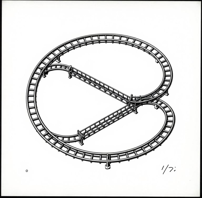 Orthographic patent drawing scan of a vintage 1960s dark ride track layout, high-contrast monochrome, clean white background, technical drafting lines.