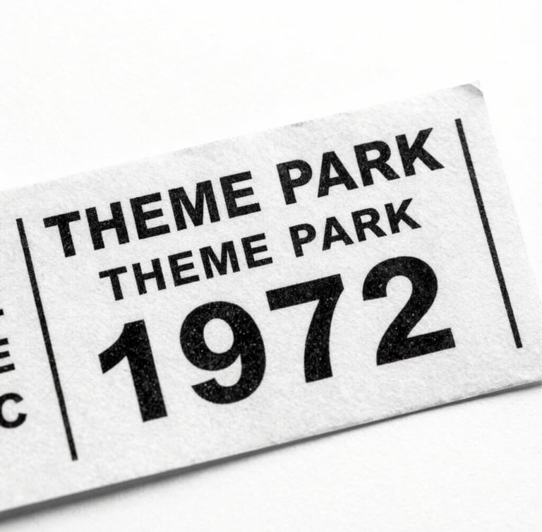 Close-up of a faded physical theme park ticket from 1972, high-contrast monochrome scan, visible paper texture