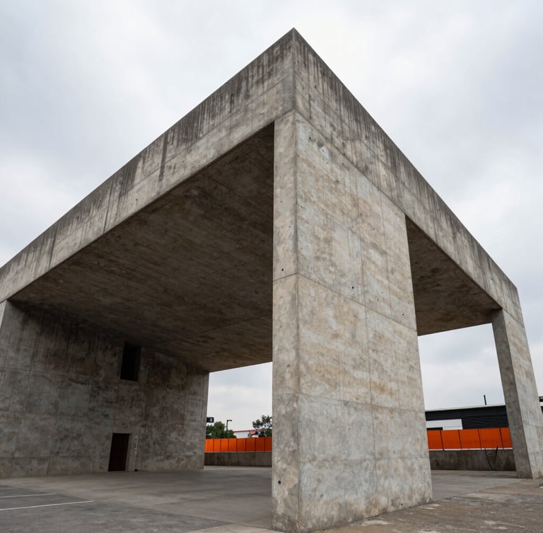 Low-angle architectural shot of a massive raw concrete structure under an overcast Mexico City sky, sharp geometric lines, desaturated tones with a subtle orange safety barrier in the background.