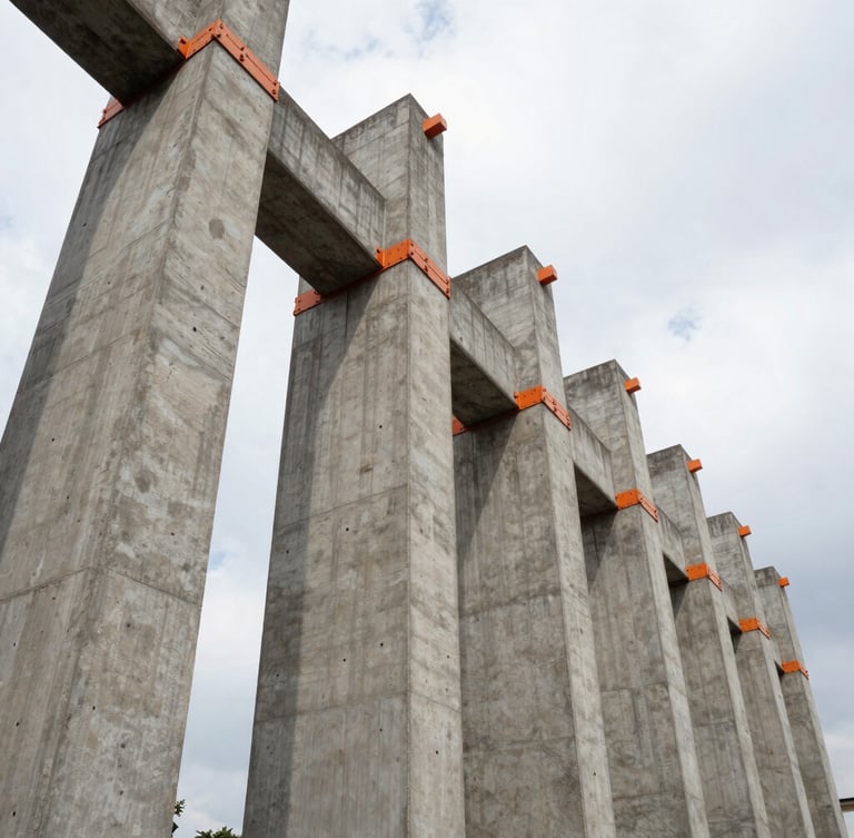 Low-angle architectural photography of raw concrete columns under an overcast CDMX sky, sharp shadows, high-contrast industrial safety orange accents on steel connectors, wide-angle lens