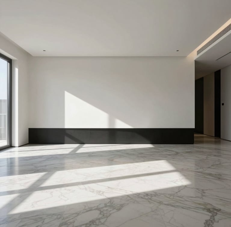 Wide-angle architectural interior of a minimalist luxury living room, sharp natural light casting clean geometric shadows on flawless marble floors, high-contrast.