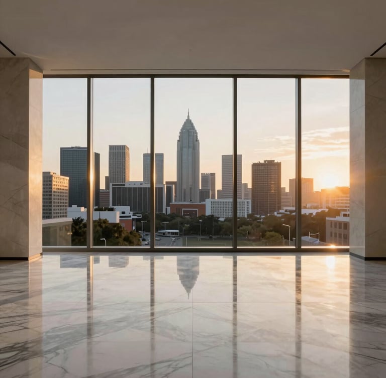 Wide architectural shot of a minimalist luxury high-rise living room, light reflecting off polished marble floors, floor-to-ceiling windows overlooking Atlanta skyline, warm golden hour glow.