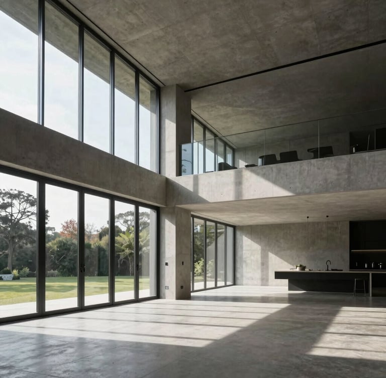 Wide-angle architectural interior shot of a modern concrete and glass luxury home, dramatic natural light streaming through pristine floor-to-ceiling windows, sharp shadows, zero dust.