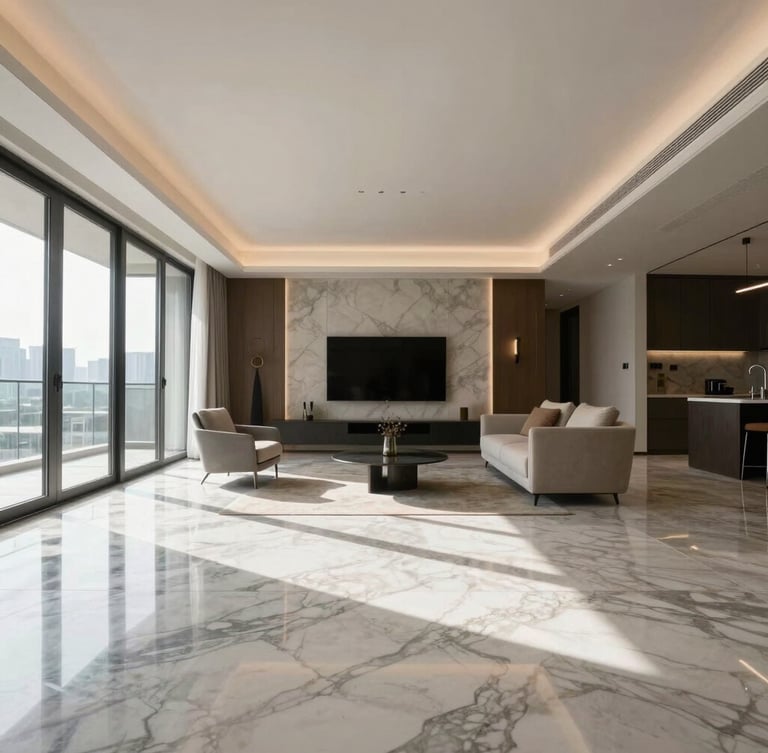 Wide-angle architectural interior shot of a luxury modern penthouse living room, natural light streaming across streak-free marble floors, sharp geometric shadows, minimalist aesthetic.