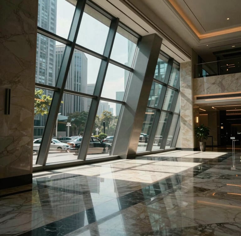 Sharp geometric interior of a luxury commercial lobby, dramatic natural light reflecting off streak-free polished marble floors and structural glass panels, high-contrast architectural framing