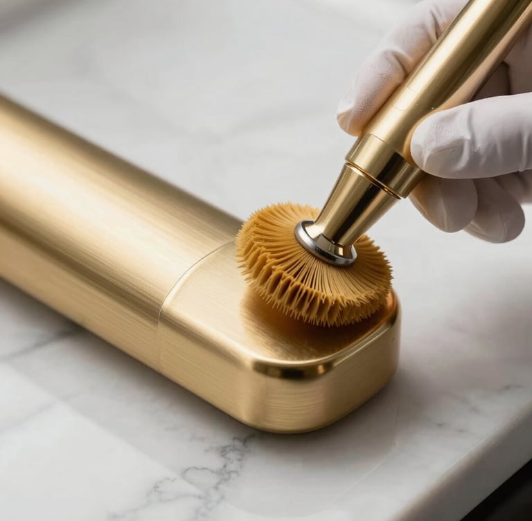 Extreme close-up of a hand in a white glove polishing a brushed champagne gold fixture, dramatic side lighting highlighting flawless marble surfaces in the background