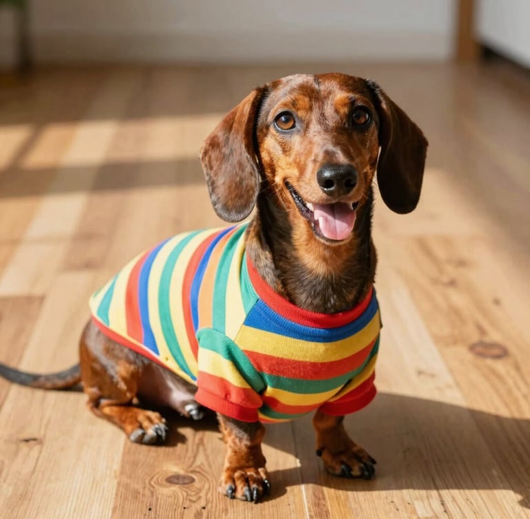 Vibrant pet photography, warm natural daylight, a happy dachshund wearing a custom-fit colorful striped shirt sitting comfortably on a wooden floor, eye-level 35mm
