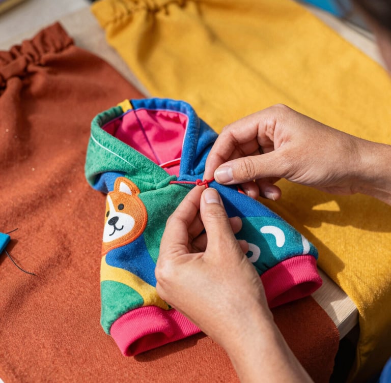 Close-up of hands carefully stitching a small colorful dog hoodie in a bright Guanajuato workshop, vibrant fabrics in terracotta and marigold tones scattered around, warm natural daylight