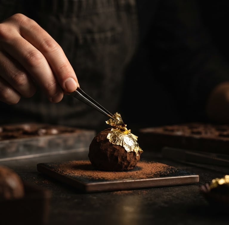 Macro shot of a hand delicately applying 24-karat gold leaf to a dark chocolate truffle, dramatic side-lighting, deep shadows, rich gold and obsidian tones, shallow depth of field.