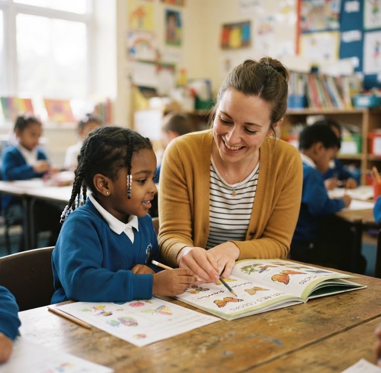 Bright daylight photo of a teacher guiding a young child in a warm classroom, soft authentic colors, candid school moment, shallow depth of field