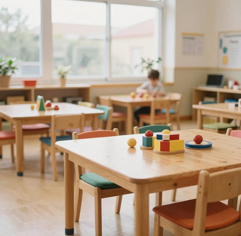 Bright Kindergarten classroom in Tolosa with low wooden tables, colorful cushions, soft natural light streaming through large windows, and educational toys neatly arranged