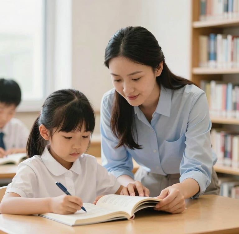 A teacher kneeling to guide a young student with a book in a bright library, soft natural light, warm editorial photography, shallow depth of field, 35mm