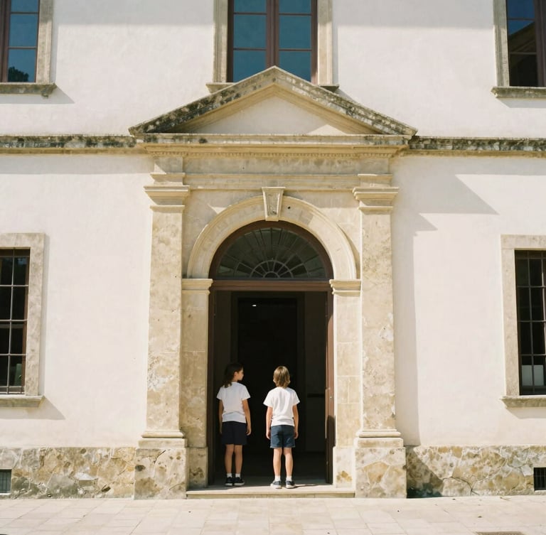 Warm daylight photo of the historic parish school entrance in Tolosa, soft shadows, welcoming architecture, 35mm photography