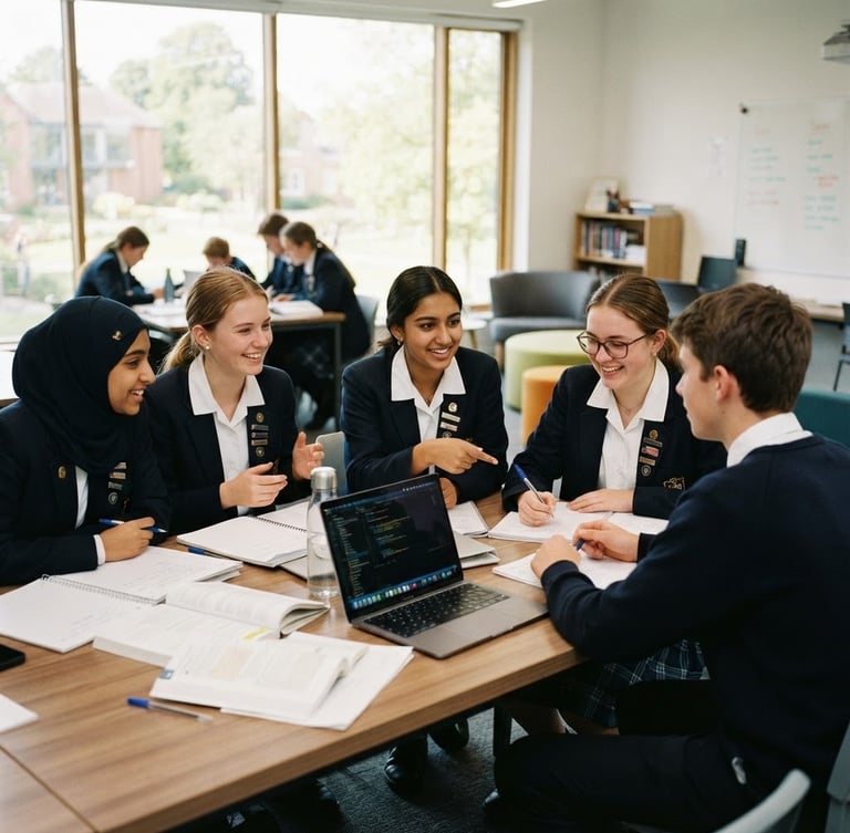 A group of high school students in uniforms sitting in a bright modern classroom, collaborating on a project with notebooks and laptops, warm natural daylight filtering through large windows, authentic school moment, 35mm.