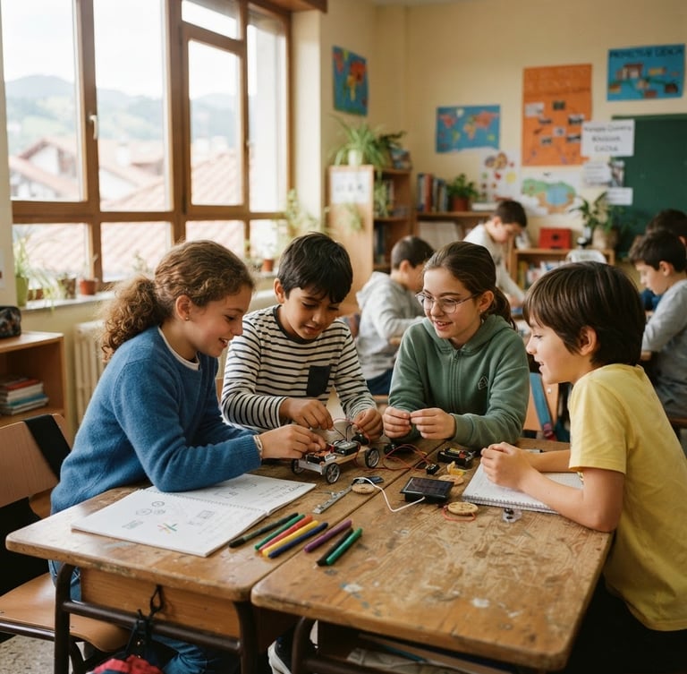 Bright classroom in Tolosa, children sitting at wooden desks working together on a science project, warm natural daylight streaming through large windows, shallow depth of field, 35mm editorial style