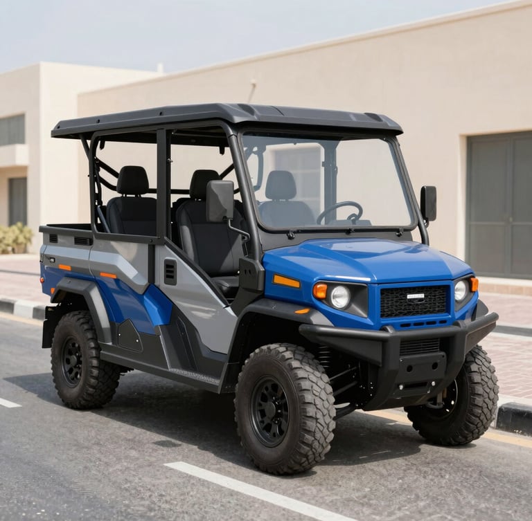 A clean, modern branded utility vehicle parked on a bright Dubai street, crisp industrial photography, natural daylight, sharp focus, 35mm