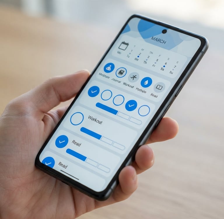 Sleek product photography of a modern Android phone displaying a clean habit tracker UI, natural daylight casting soft shadows on a dark aluminum frame
