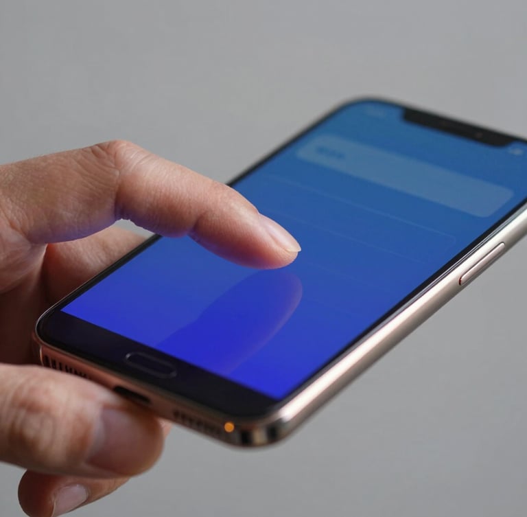 Macro close-up of hands interacting with a clean, dark-themed Android application on a modern phone screen, soft warm side-lighting highlighting the aluminum bezel