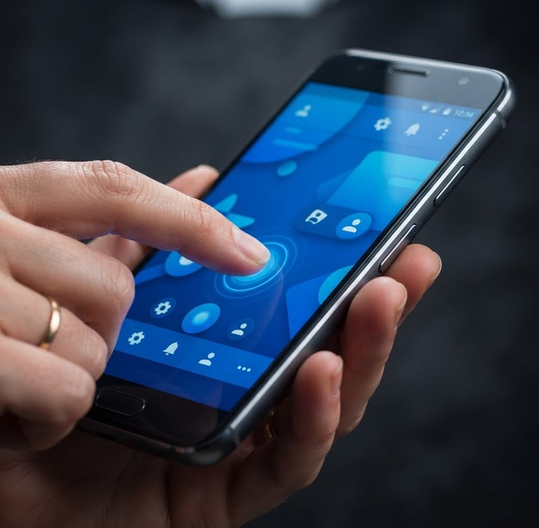 Macro studio shot of a hand tapping a high-fidelity physical Android device screen, vibrant blue interface, crisp glass reflections, dark charcoal background