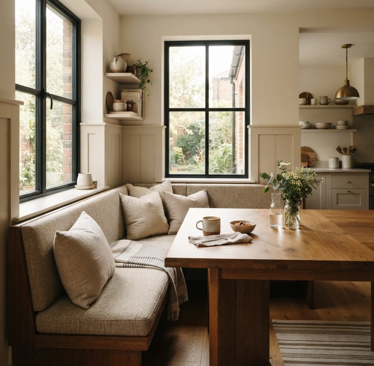 Sunlit corner breakfast nook with rich wood table and fabric benches, integrated into a compact architectural space, soft morning window light, warm editorial interior photography, 35mm