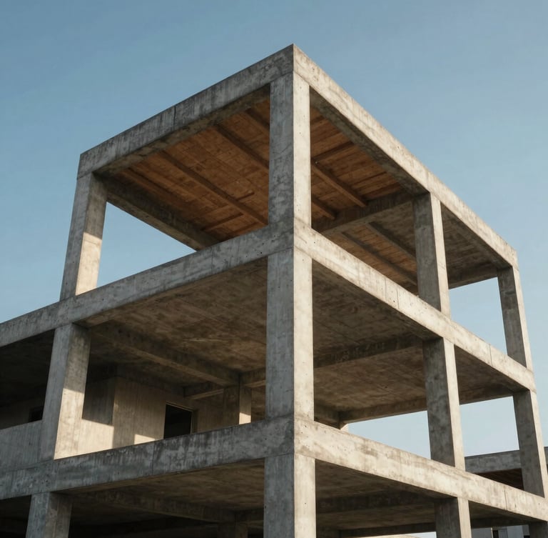 Low-angle heroic shot of a multi-story concrete structural frame meeting raw timber forms, high-contrast afternoon sun casting sharp geometric shadows.