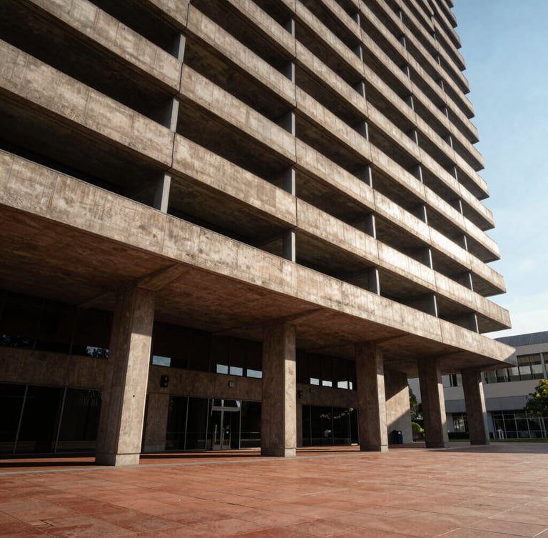 Low-angle architectural shot of a brutalist concrete and steel commercial tower facade meeting a warm terracotta-tiled plaza under high-contrast afternoon sun, casting deep geometric shadows.