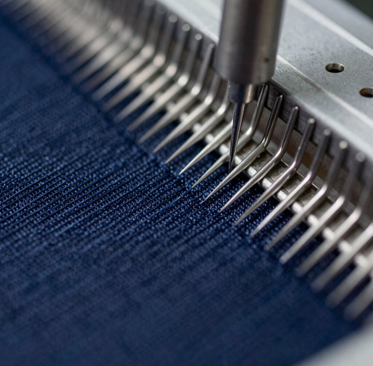 Macro shot of high-density embroidery threads being inspected under cool industrial light, sharp metallic needles, organized textile workshop