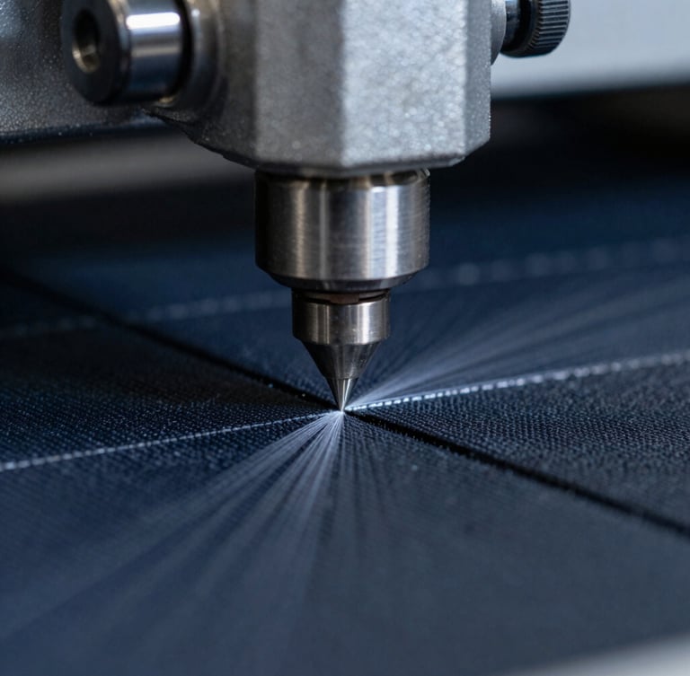 Macro close-up of a high-precision laser engraving beam cutting through dense textile, sharp metallic highlights, cool steel tones, industrial machinery background