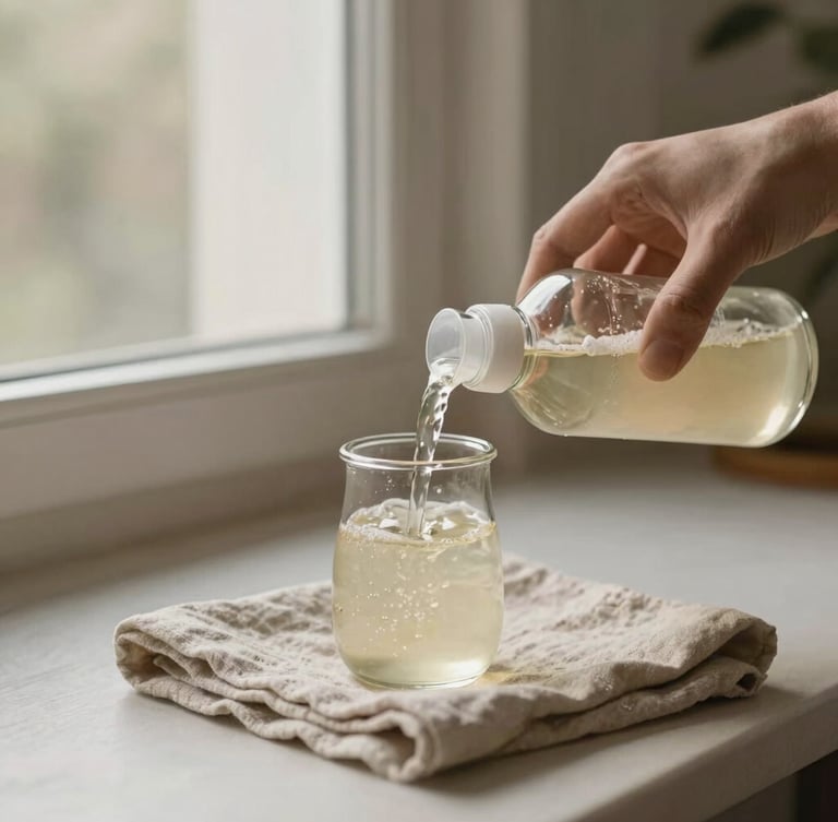 Warm editorial photography of a hand pouring natural dish soap from a glass bottle onto a linen cloth, soft morning window light, earthy muted tones, shallow depth of field, 35mm