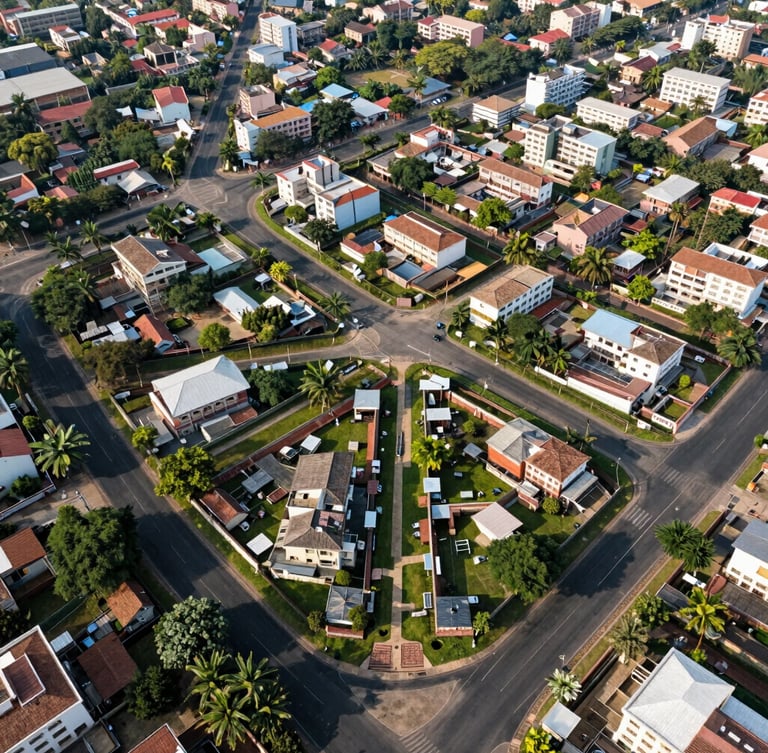 Wide-angle aerial drone photography of a neatly planned residential layout in Hyderabad, showing paved blacktop roads, clear plot boundaries, and green borders under bright mid-morning sunlight.