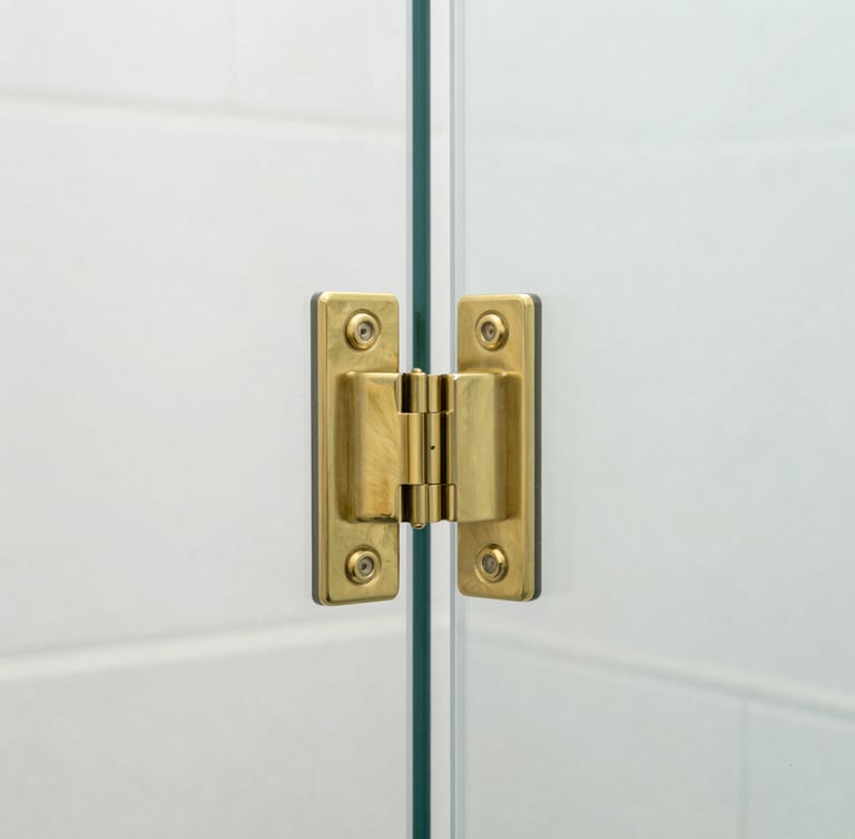Crisp architectural close-up of heavy-duty solid brass hinges on a frameless glass shower door, bright high-key natural daylight, clean reflections, sharp focus, 35mm lens