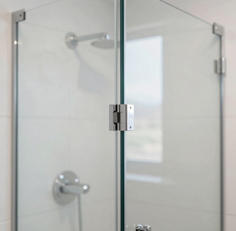 Crisp architectural close-up of a frameless glass shower enclosure, focusing on the heavy-duty chrome hinge and clean, tight joint with zero visible silicone, bright bathroom interior, 35mm lens