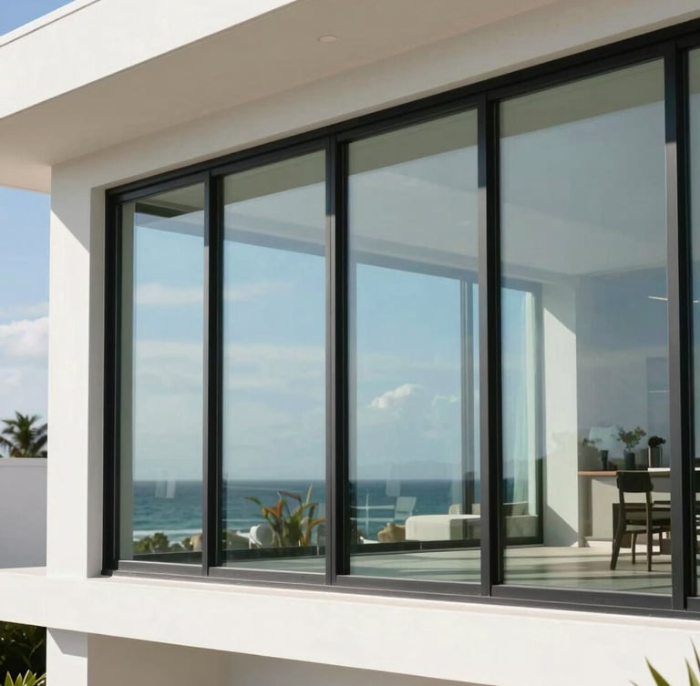 Crisp architectural photo of a modern coastal home with large impact-resistant glass windows reflecting the Florida sky, bright daylight, 35mm lens