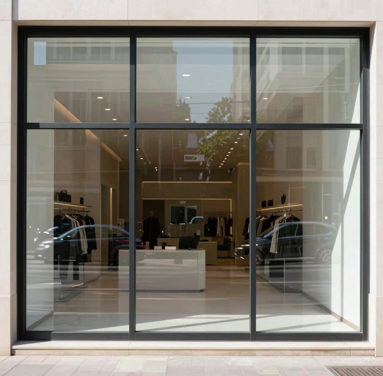 Straight-on architectural shot of a modern commercial storefront with large, clean glass panels reflecting a bright streetscape, high-contrast daylight, sharp focus, 35mm lens