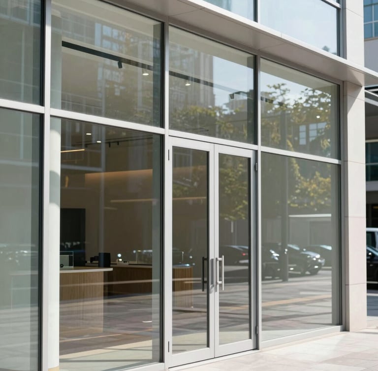 Crisp architectural photography of a modern frameless glass storefront reflecting bright natural daylight, sharp focus on clean metal joints, 35mm lens