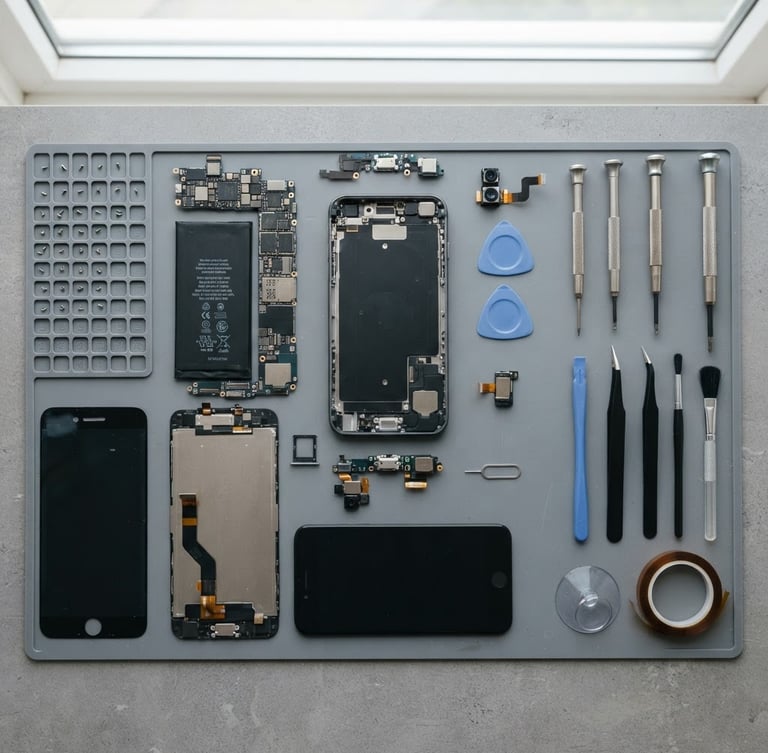 Overhead flat lay of a disassembled smartphone and testing tools on a neutral grey background, crisp product photography, bright natural daylight
