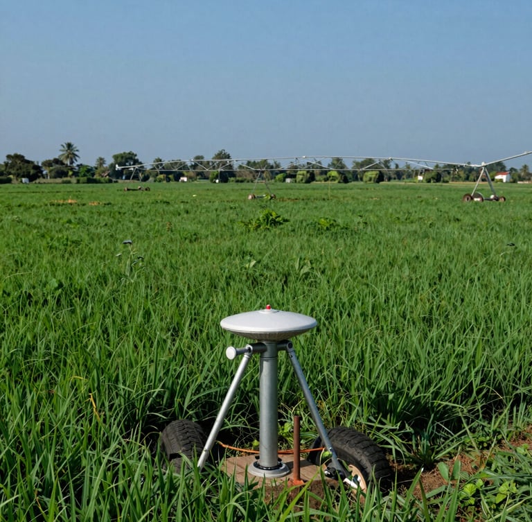 A wide-angle documentary shot of a lush green agricultural field in South India, with a modern irrigation system node visible in the foreground, sharp focus, natural daylight.