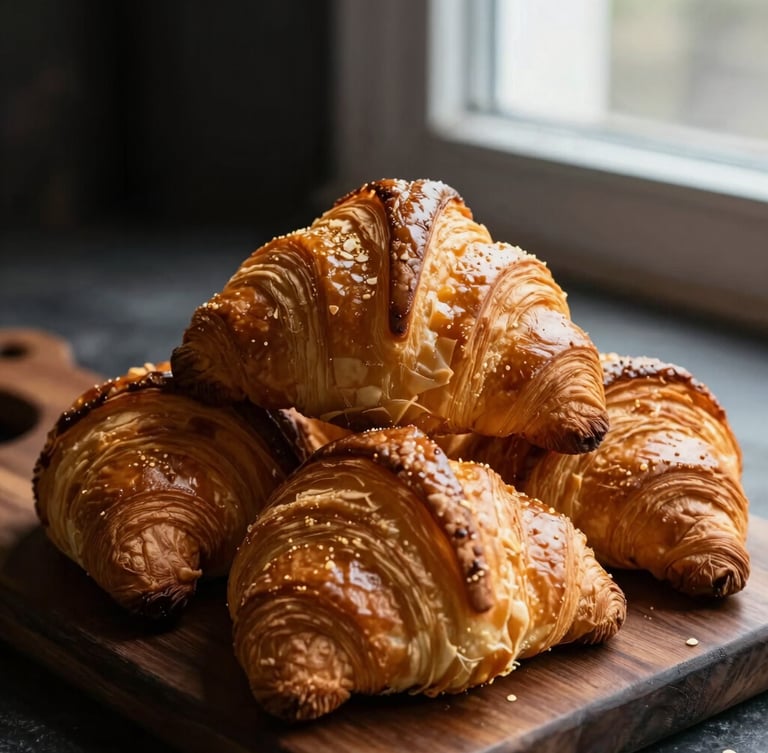 Close-up of golden, flaky croissants stacked on a dark wooden board, soft window light highlighting their texture, elegant food photography, rich dark tones with gold accents