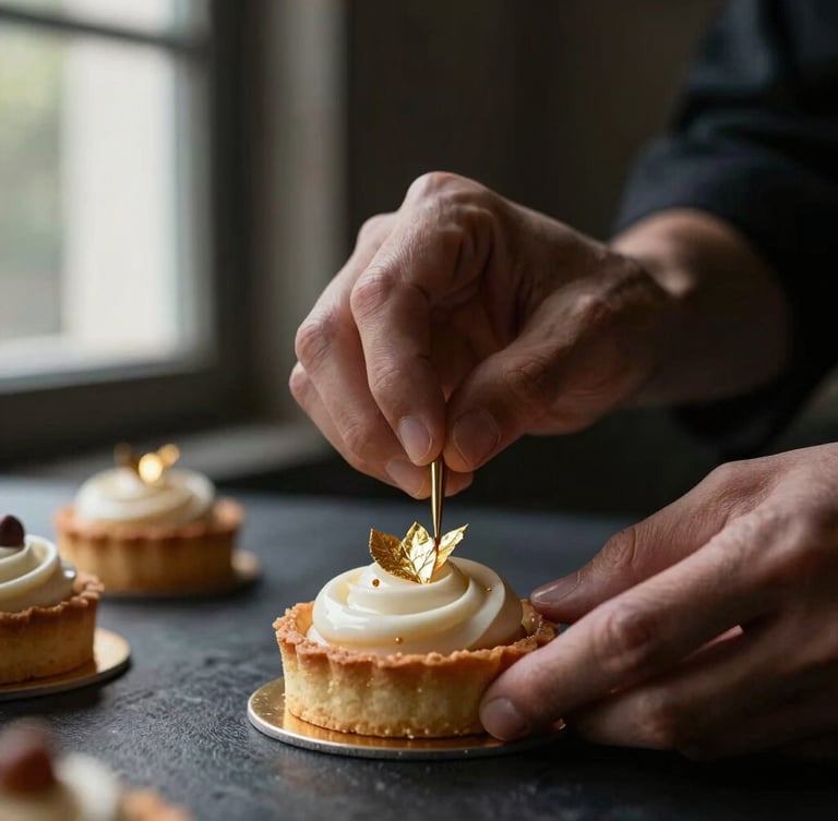 Elegant portrait of a pastry chef's hands meticulously decorating a delicate tartlet with gold leaf, soft window light, rich dark tones, macro depth of field, focus on precision and artistry.