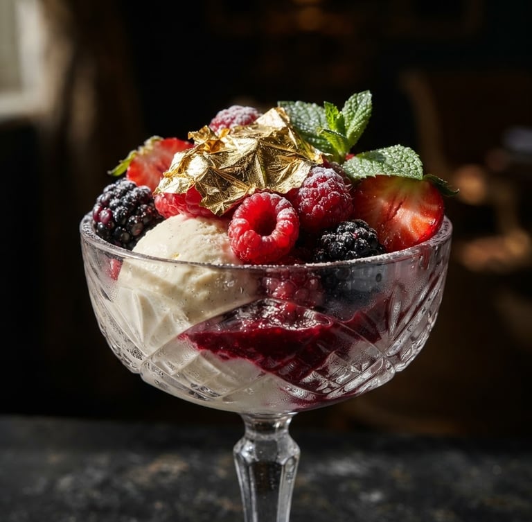 Vue macro d'une coupe glacée élégante, garnie de fruits rouges frais et d'une feuille d'or délicate, éclairage latéral dramatique, fond sombre.