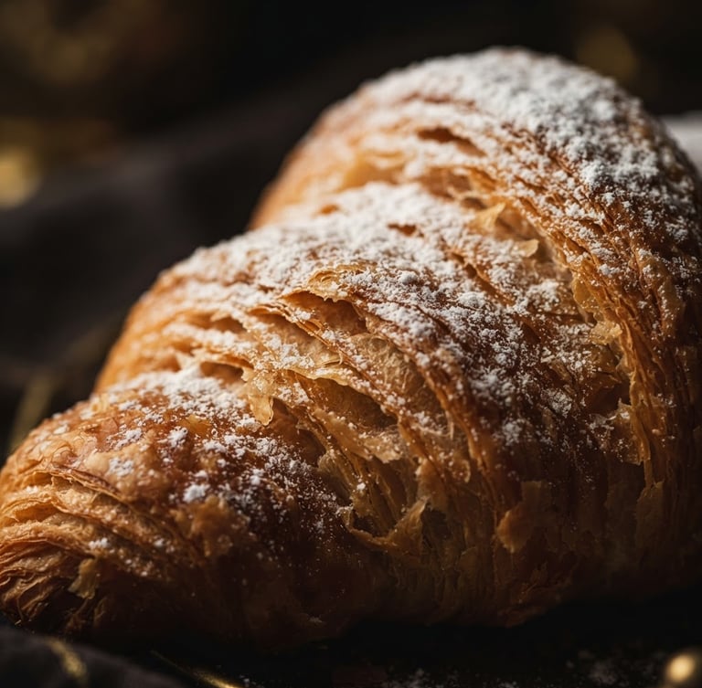 Close-up of a perfectly golden, flaky croissant, dusted with powdered sugar, dramatically side-lit, rich dark tones with gold accents, macro depth of field.