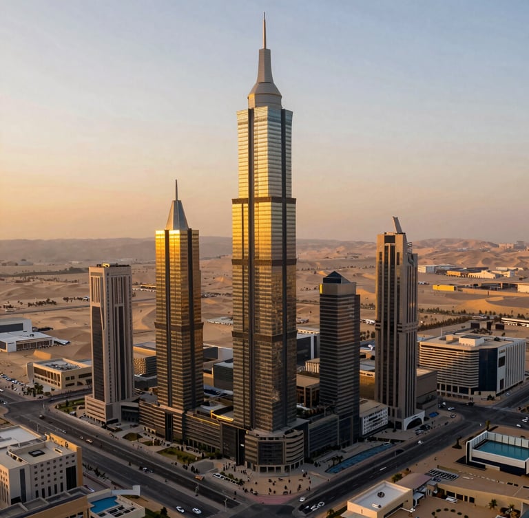 Wide environmental drone shot of a monumental multi-use skyscraper development in Sheikh Zayed at golden hour, dramatic warm lighting, architectural photography
