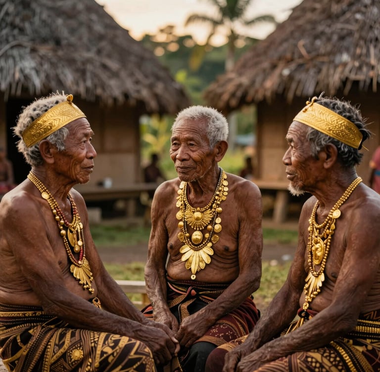 Johannes Rettob interacting with local Papuan elders in a traditional village setting, warm golden hour light, natural unposed expressions, rich deep tones with gold accents.