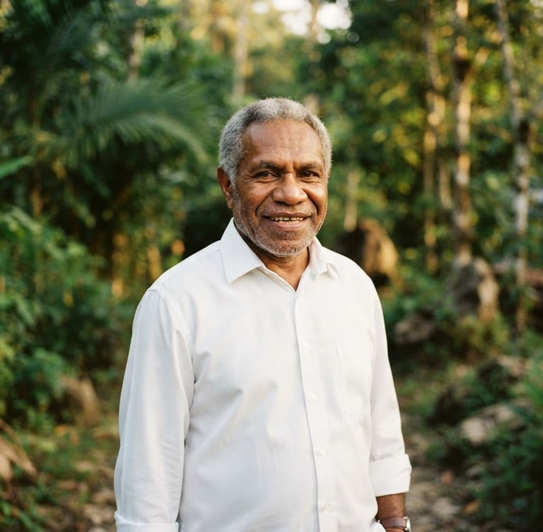 Portrait of Johannes Rettob in a clean white shirt, smiling warmly, outdoor natural daylight in Mimika, lush green Papuan background, 35mm warm editorial photography, shallow depth of field.